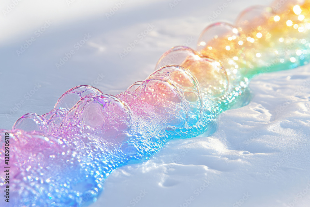 Poster rainbow-colored soap bubbles stream across a white surface, creating a vibrant, whimsical scene.