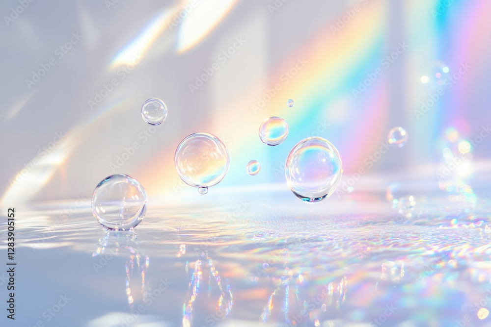 Poster iridescent soap bubbles float on a shimmering, pastel surface, reflecting rainbow light.