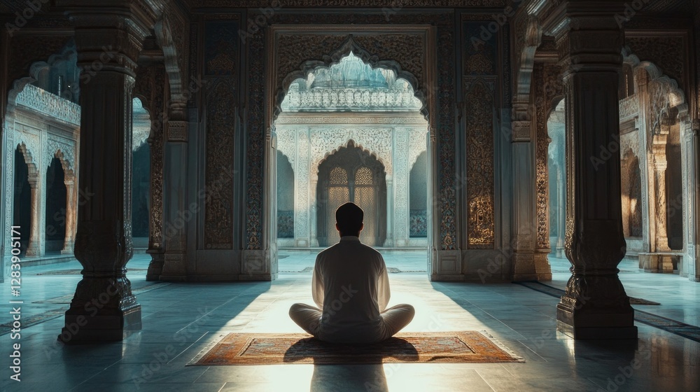 Poster A devout Muslim man sits peacefully in meditation amidst intricate architectural designs. The warm glow of sunlight filters through ornate arches, creating a serene atmosphere for reflection