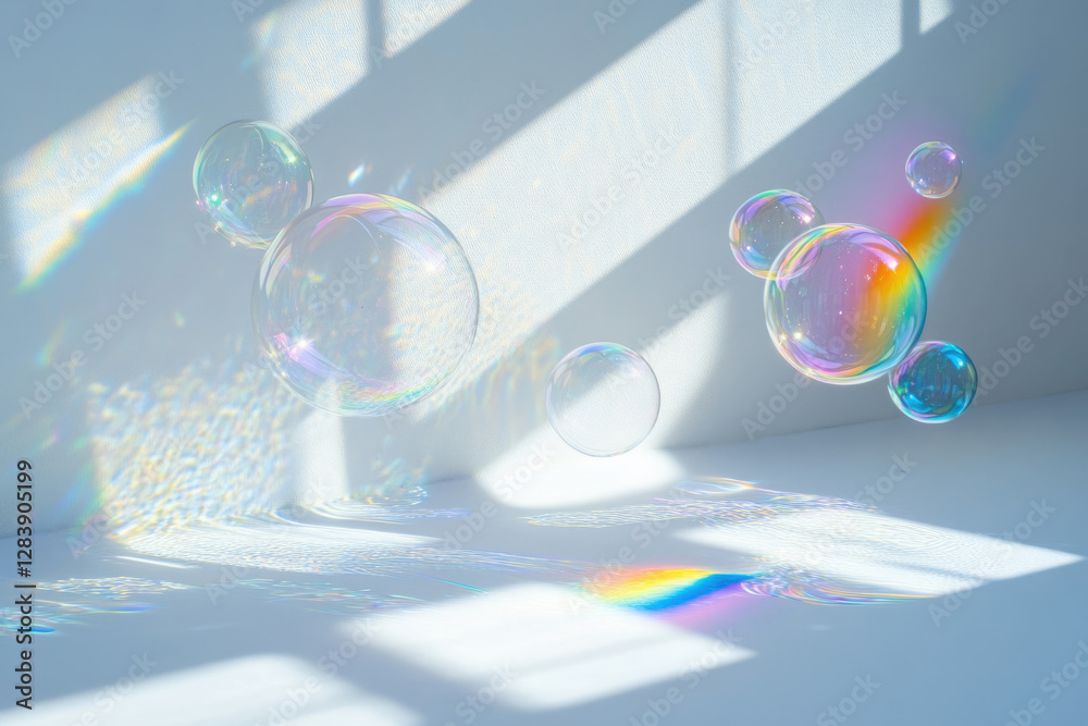 Poster iridescent soap bubbles float in sunlit room, casting colorful reflections.