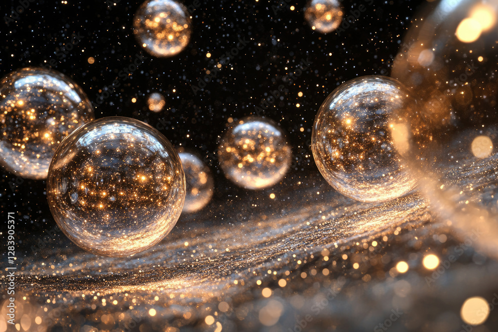 Poster Golden spheres float on a glittering surface, creating a magical, celestial scene.