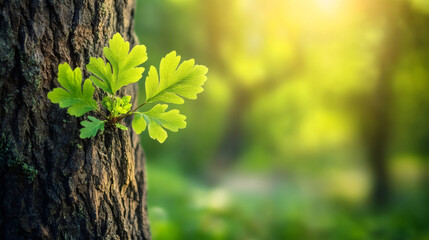 Obraz premium Verdant green foliage emerging from weathered tree bark, representing natural regeneration within lush woodland environment
