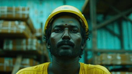 Fototapeta premium A laborer in a yellow helmet gazes intently, showcasing resilience and determination amidst a backdrop of industrial materials.