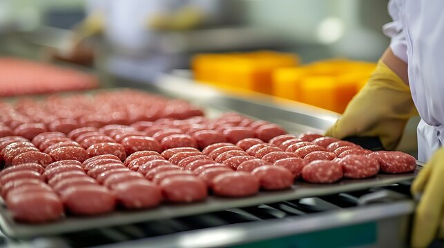 A worker arranges freshly made hamburger patties on a tray in a food processing facility, surrounded by blocks of cheese.
