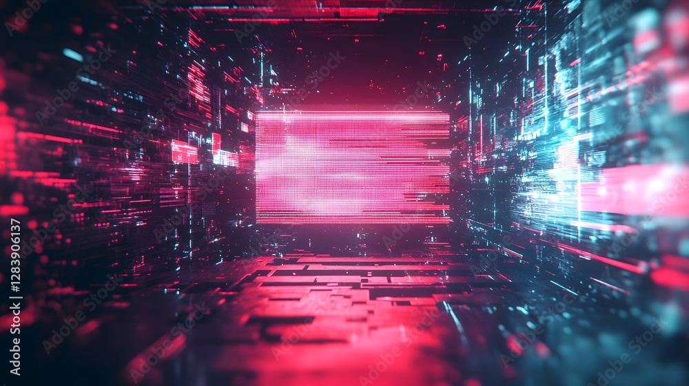 Poster Futuristic neon tunnel corridor with glowing digital lights abstract geometric patterns and a surreal sci fi ambiance  This image suggests a sense of technological movement through a virtual