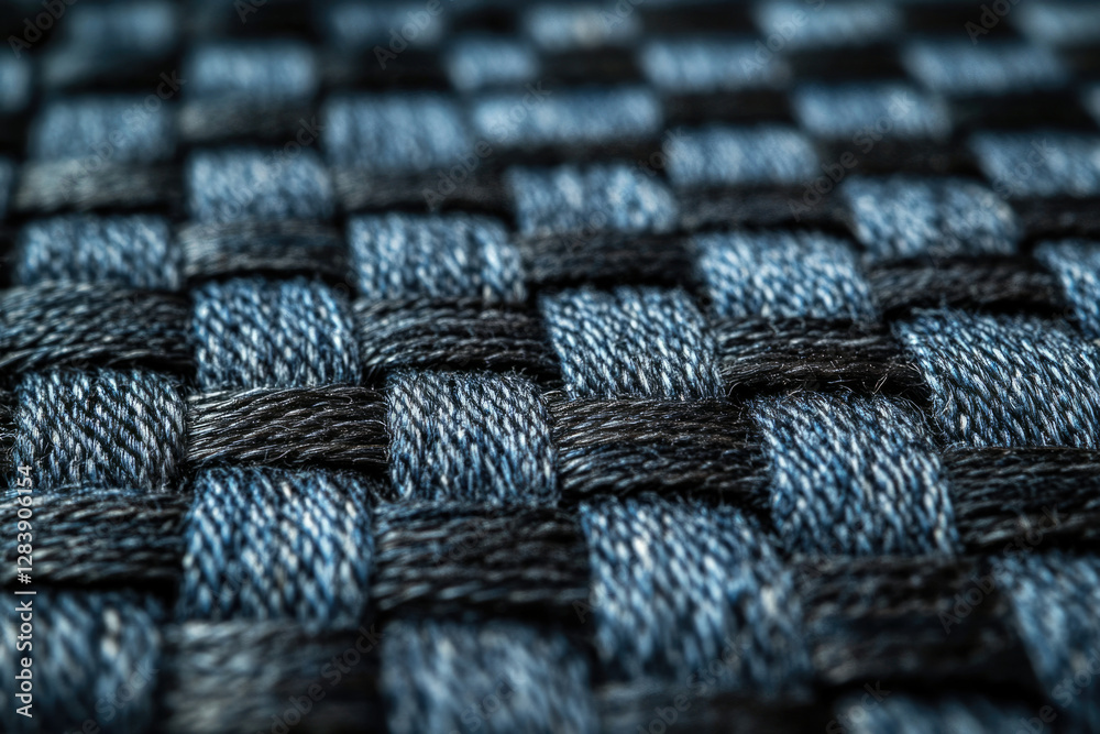 Poster close-up of interwoven blue and black denim threads creating a textured fabric.