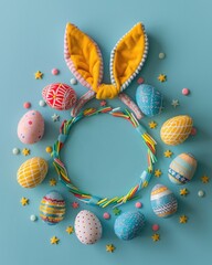 A colorful Easter wreath adorned with vibrant eggs and bunny ears, set against a bright blue background, perfect for spring celebrations.