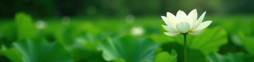 A delicate white lotus lily rises from a bed of greenery, natural, lotus lily, single flower