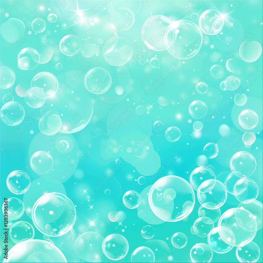 Poster a serene aqua background filled with translucent bubbles floating gracefully, creating a calming and