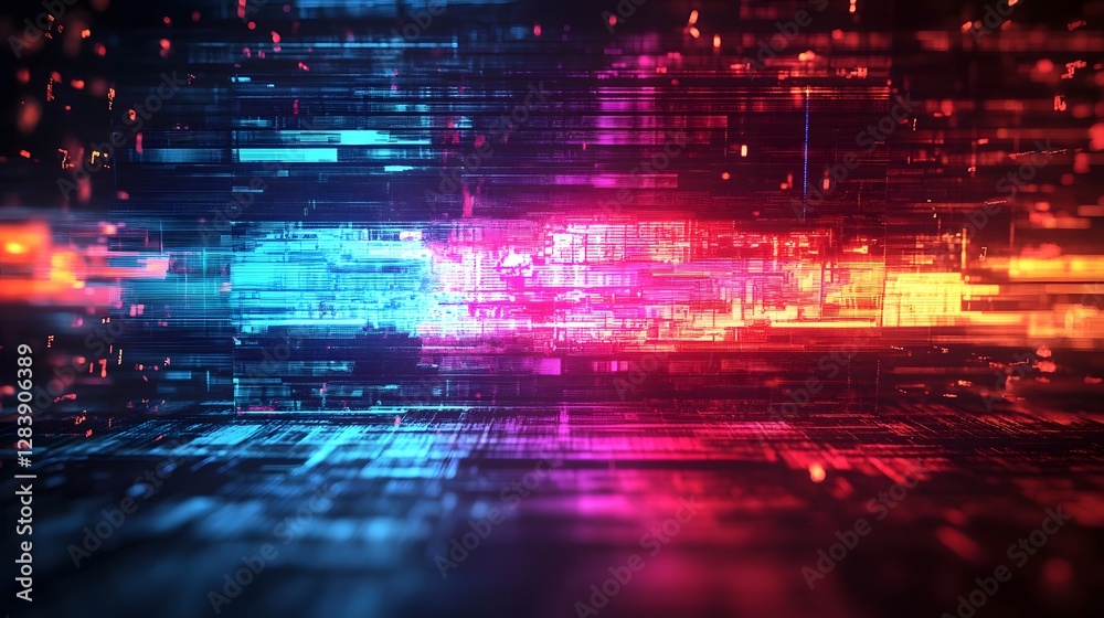 Aufkleber Futuristic sci fi digital landscape with neon glitch effects abstract matrix like backdrop and dynamic data network connections  Visually striking digital art with a high tech cyberpunk