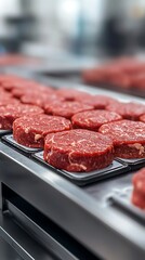 Freshly shaped beef patties neatly arranged on trays, showcasing rich red meat ready for cooking and grilling in a professional kitchen environment.