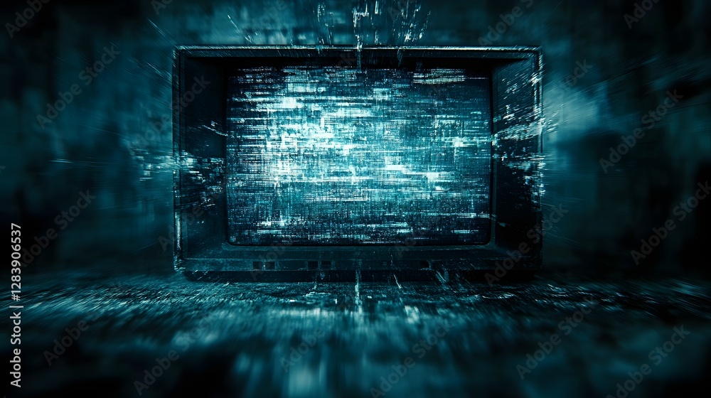 Poster Futuristic technological landscape with a glowing holographic screen displaying digital data flows abstract cyberpunk inspired background with neon lights digital art