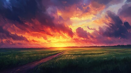 Fototapeta premium majestic sunset over green field