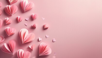 Fototapeta premium Paper pink hearts fly on soft pink color background, border, copy space. Generated image