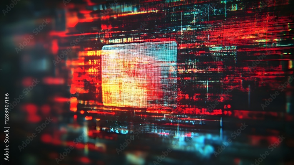 Poster Glitched and Distorted Digital Abstract Background with Futuristic Data Technology and Intelligence Visualization  Chaotic Matrix of Colorful Pixels Circuits and Code