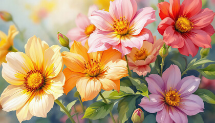 Fototapeta premium Beautiful vibrant watercolor flowers in shades of pink and orange