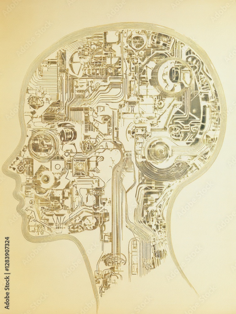 Poster Human head outline filled with intricate designs representing artificial intelligence and mechanical systems. Generative AI