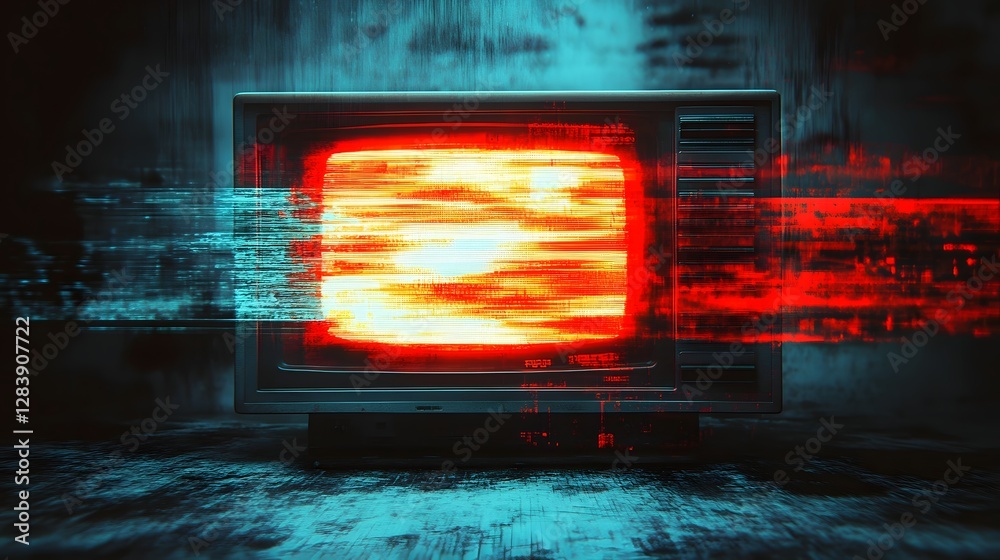 Poster Glitched and Distorted Futuristic Digital Art Piece with Vibrant Neon Lights Electricity like Interference Effects and Dynamic Motion on a Digital Screen or Monitor  Abstract Surreal