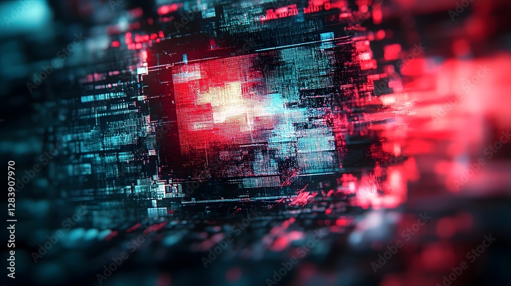 Poster Glitched Digital Chaos Abstract Visualization of Futuristic Technology with Neon Colors Distorted Patterns and Inspired Elements