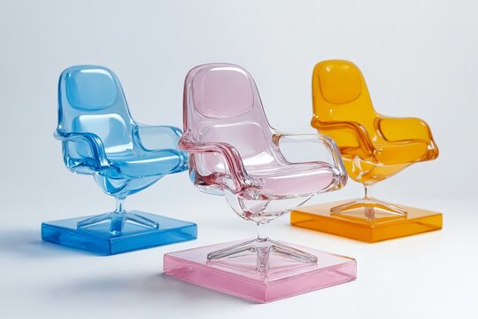 Tres sillas de dise&ntilde;o moderno en colores transparencias azul, rosa y amarillo sobre bases de acr&iacute;lico, creando un ambiente contempor&aacute;neo.