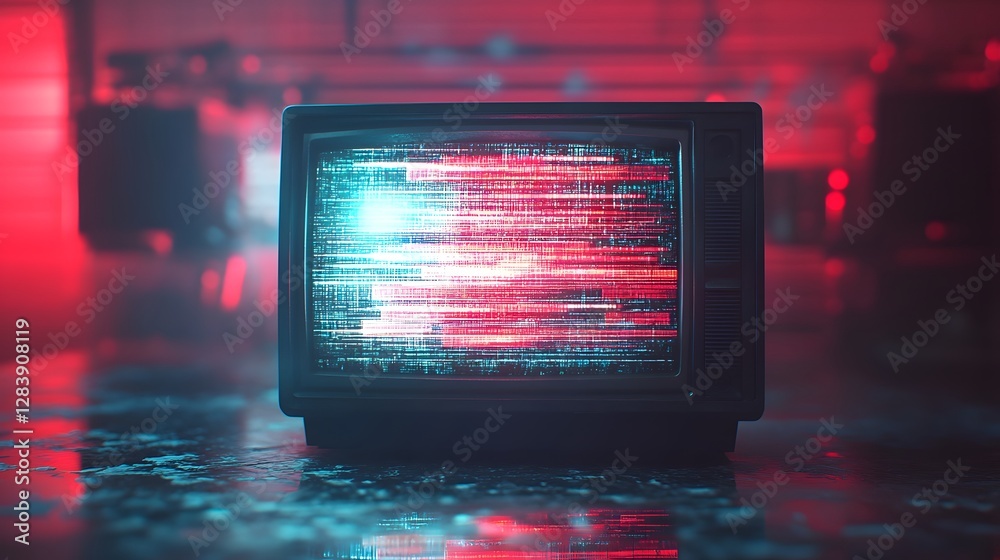 Poster Glitched digital screen displaying distorted neon colored patterns and visual interference creating a cyberpunk inspired futuristic and ominous atmosphere