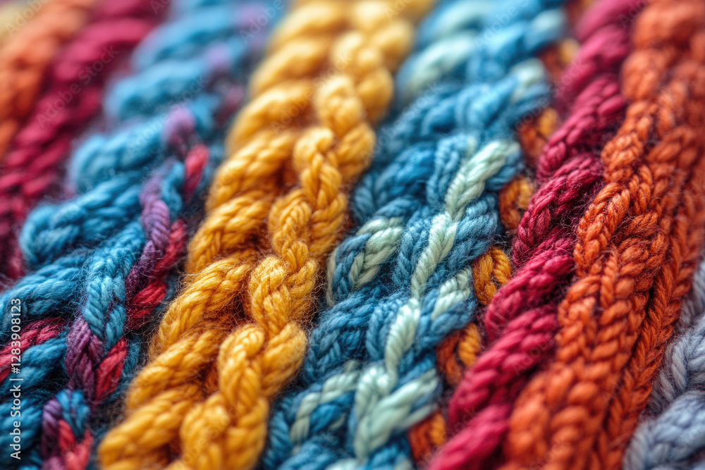 Poster close-up of vibrant, multicolored knitted fabric showcasing intricate texture and braided yarn patte