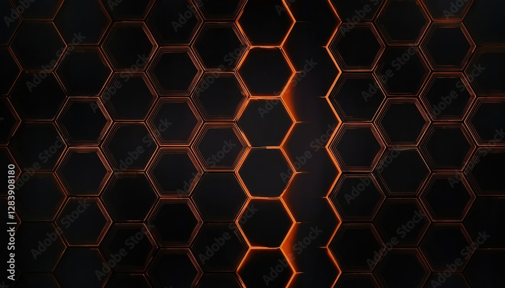 Poster black hexagonal honeycomb pattern with glowing orange edges on dark background, modern graphic desig