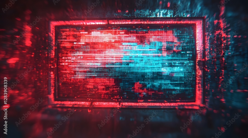 Poster Glitched futuristic digital art composition with vibrant intersecting neon shapes frames and patterns against a techno abstract background  The artwork has a dynamic energetic and experimental look