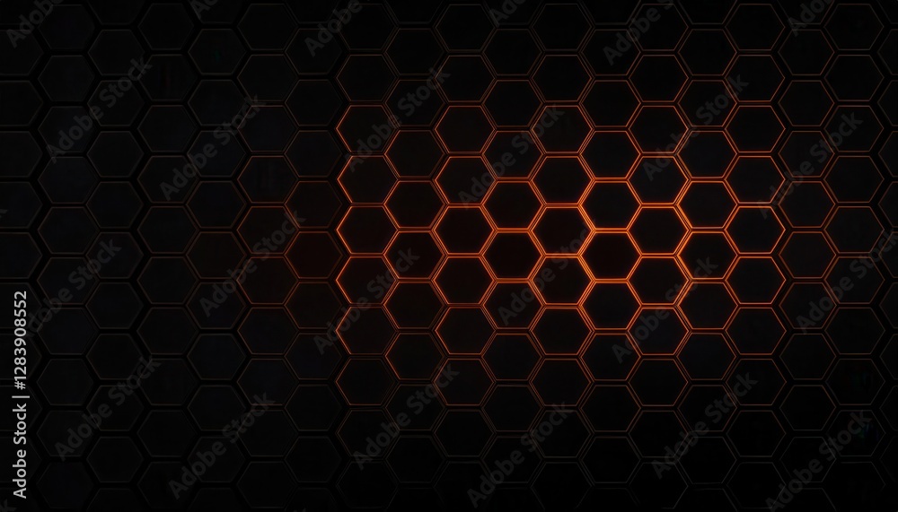 Poster black hexagonal honeycomb pattern with glowing orange edges on dark background, modern graphic desig