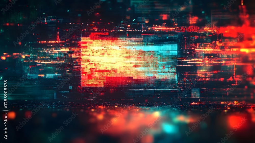 Poster Glitched neon cyberscape with futuristic digital energy patterns and abstract technological visualizations  Dynamic and surreal 3D render with a modern experimental aesthetic