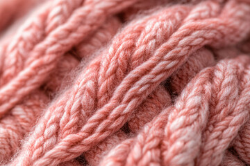 Close-up of a soft, textured, coral-colored knitted fabric with a cable knit pattern.