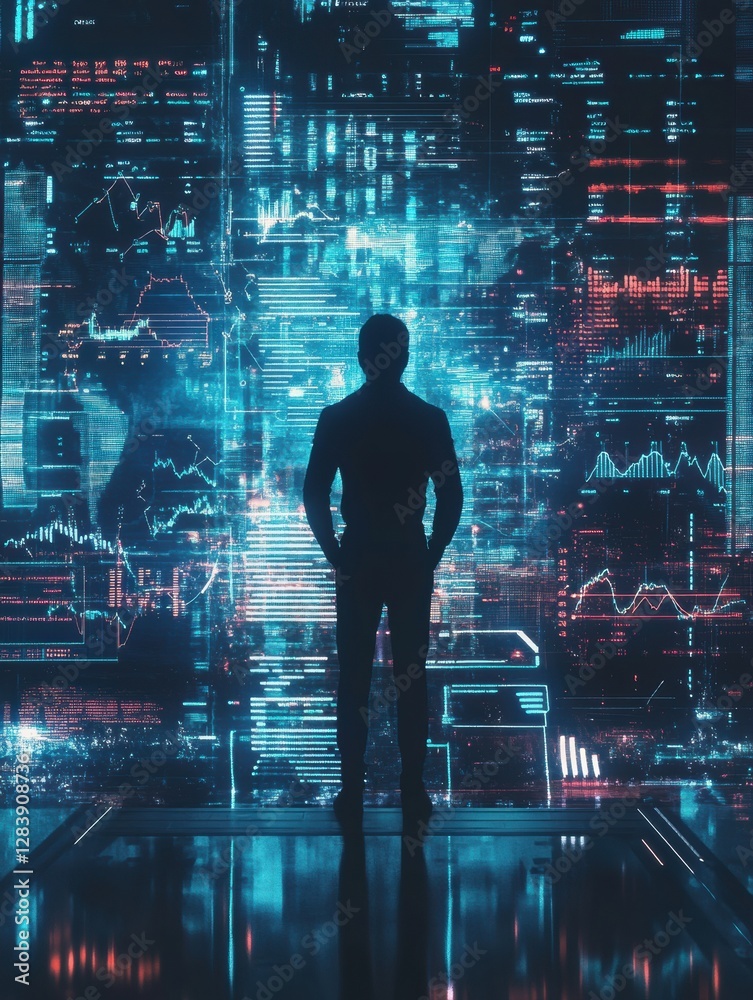 Poster Human silhouette surrounded by futuristic AI graphs and data visualizations in a high tech environment. Generative AI
