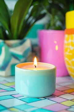 Candelero encendido sobre una mesa colorida, rodeado de plantas y jarras vibrantes, creando un ambiente acogedor y alegre.