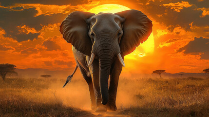 A majestic elephant walking towards the camera against a vibrant sunset backdrop.