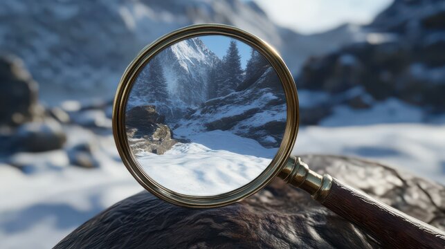 Fototapeta Exploring snowy mountain landscape through magnifying glass close-up