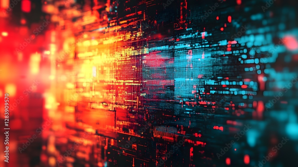 Aufkleber Glitching Digital Data Visualization with Vibrant Techno Abstract Patterns   Futuristic Techno Art Background with Chaotic Pixel Textures Neon Lights and Flowing Energy Dynamics