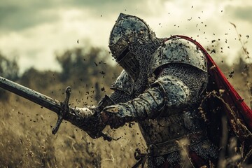 Un caballero medieval combate en un campo, levantando polvo y escombros mientras blande su espada.