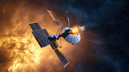 A futuristic autonomous deep space probe scanning an uncharted nebula, glowing sensor beams mapping unknown cosmic structures, swirling interstellar gas