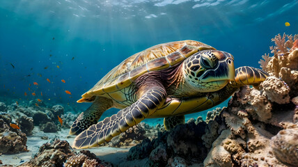 Obraz premium sea turtle with coral, sea turtle swimming in the sea