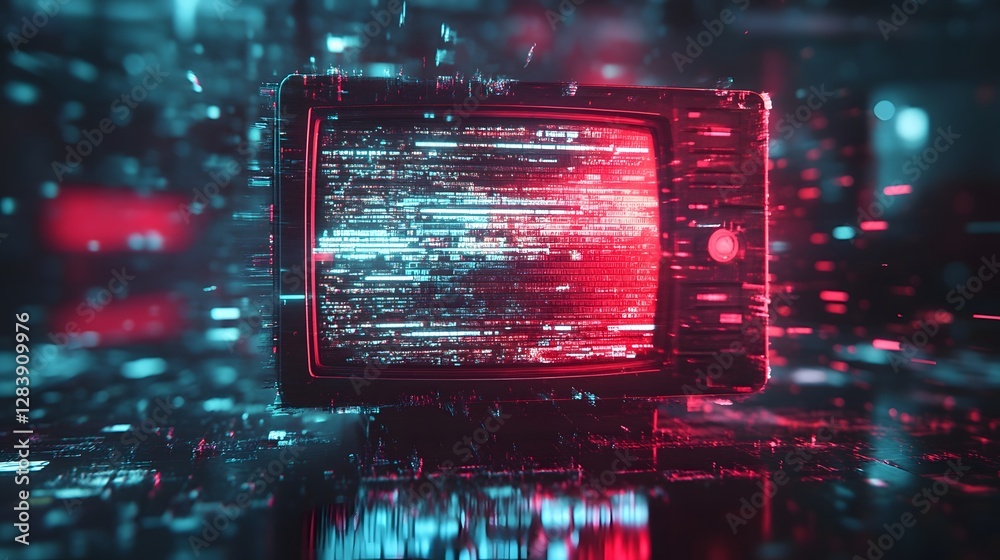 Poster Glitchy and Futuristic Digital Data Screen with Abstract Neon Lights Geometric Patterns and Complex Code Visualization  Futuristic Technology Innovation and Digital Art Concept