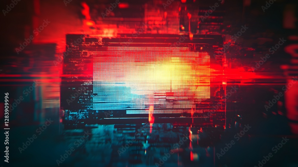 Poster Glitching neon lights and digital textures forming an avant garde futuristic backdrop with a striking mesmerizing and visually stunning effect  This abstract