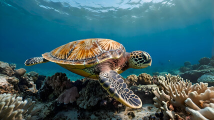 Obraz premium sea turtle with coral, sea turtle swimming in the sea