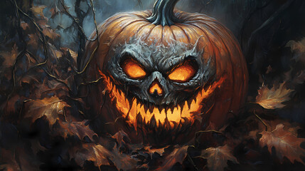 A spooky halloween portrait of a grinning skull mask emerging from a carved pumpkin. Demonic Smiling Portraits. Illustration