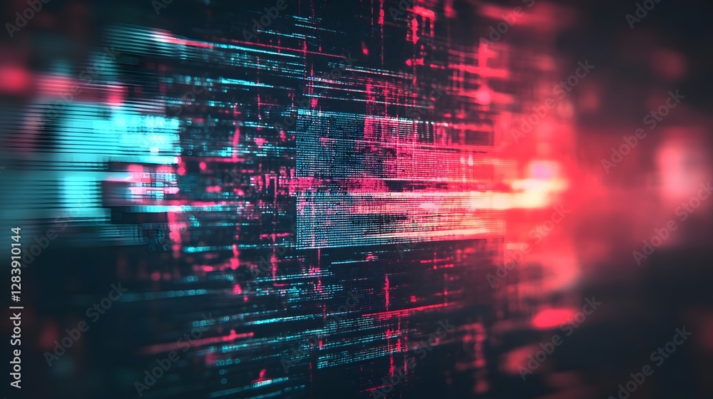 Poster Glitchy digital backdrop with swirling futuristic tech data abstract algorithm patterns and dynamic energy of modern technology and information visualization