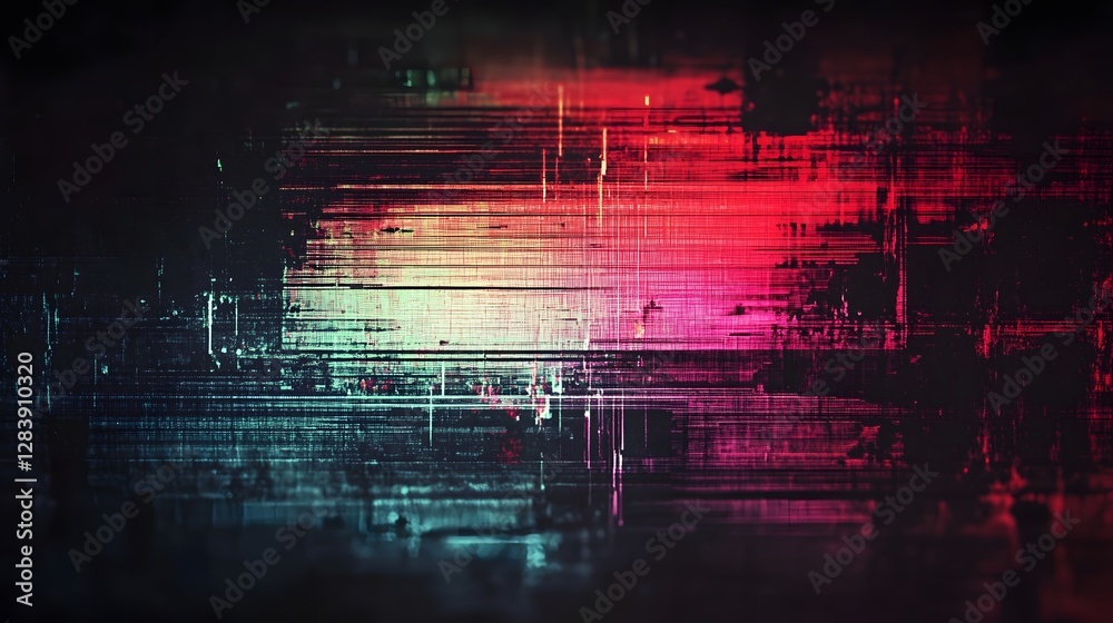 Aufkleber Glitchy futuristic digital abstract background with vibrant neon lights overlapping patterns and distortion effects  Experimental digital art with a high tech cyberpunk inspired aesthetic