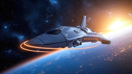 A futuristic starship powered by anti gravity technology, glowing energy rings stabilizing its movement, distant galaxies and cosmic nebulae stretching