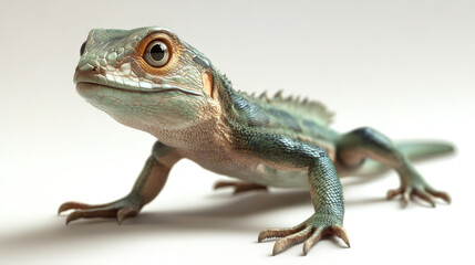 Obraz premium Chinese water dragon posing against clean white background, revealing detailed scaly skin and vibrant reptilian features