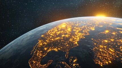 A massive colony ship approaching a habitable exoplanet, golden lights glowing inside its massive biodomes, endless stars stretching across