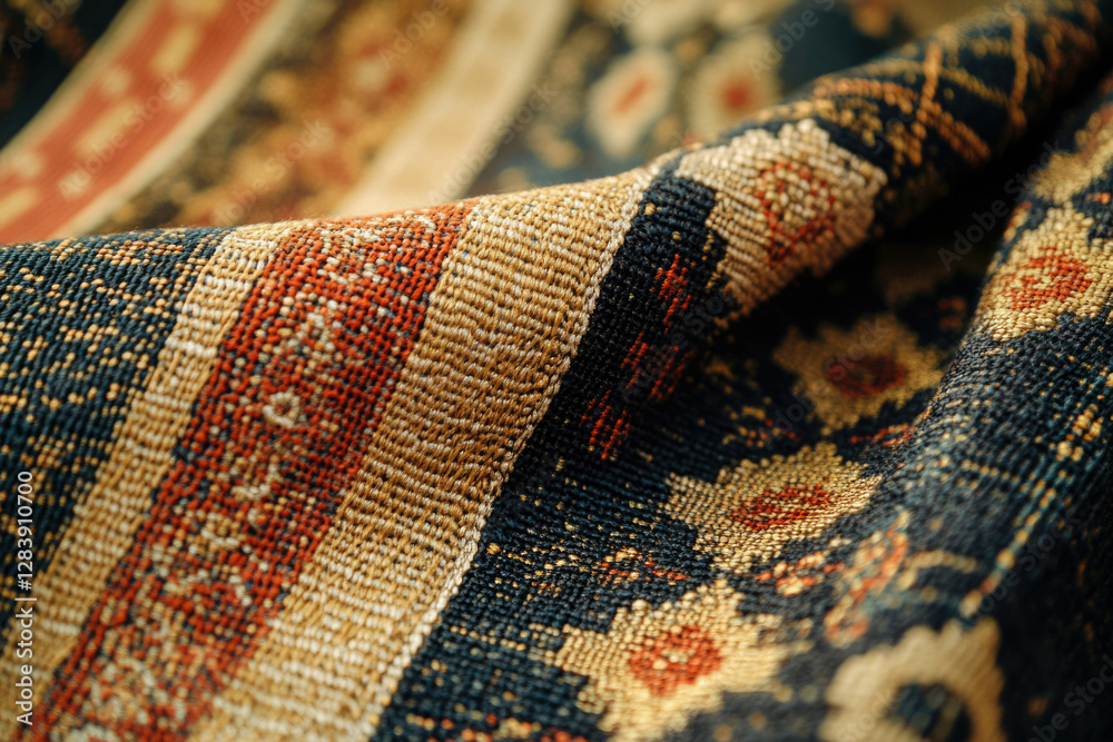 Poster Close-up view of richly textured fabric with intricate patterns in deep blues, golds, and reds.