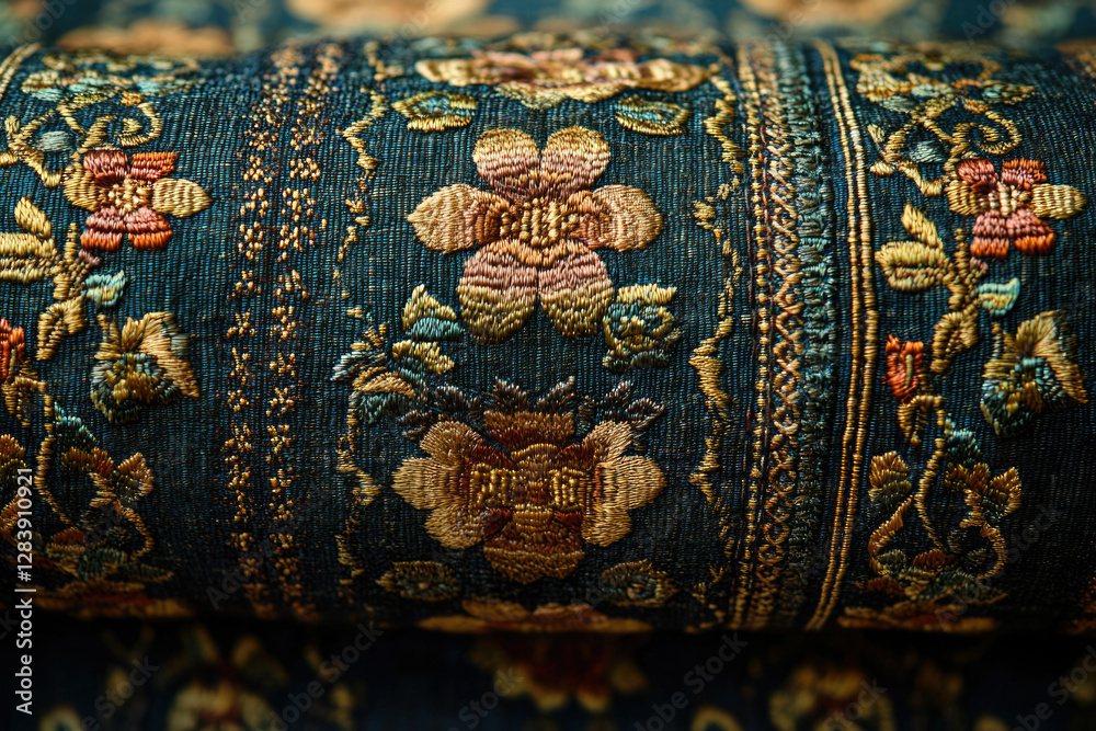 Poster close-up of intricately embroidered fabric with floral patterns in gold and muted colors on dark tea